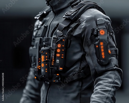 Futuristic exoskeleton suit with LED indicators, advanced robotics, scifiinspired wearable tech photo