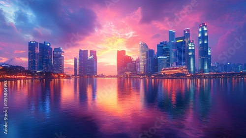 Singapore Skyline at Sunset with Vibrant Colors and Reflections