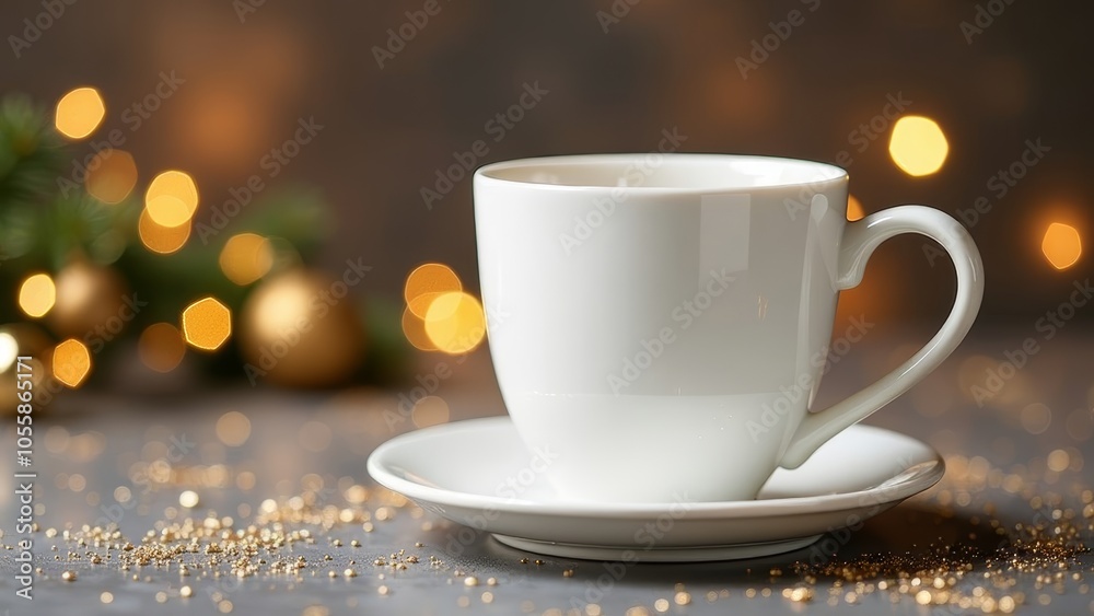 Fototapeta premium White coffee Cup on Christmas Holiday, mockup, mug, wooden table, festive Background, copy space