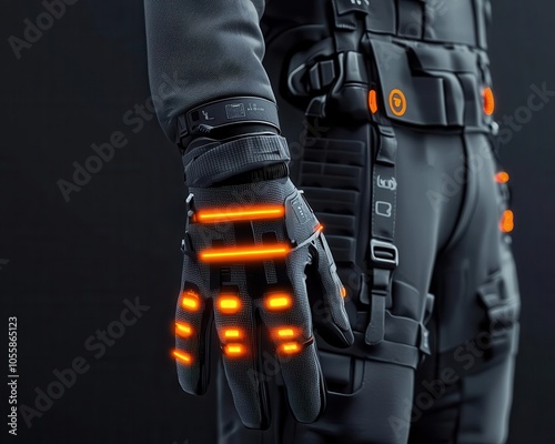 Futuristic exoskeleton suit with LED indicators, advanced robotics, scifiinspired wearable tech photo