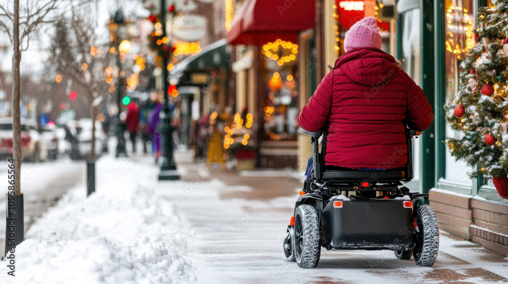 Obraz premium Winter holiday shopping street scene with person in wheelchair