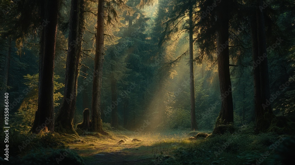 Fototapeta premium Sunbeams Illuminating a Path Through a Dense Forest