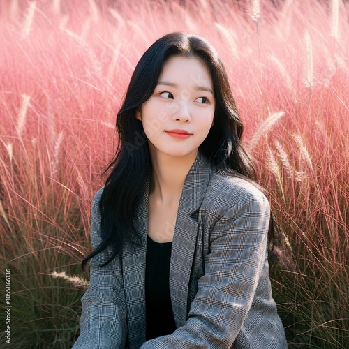 Image of young woman in the fall fields with pink muhly grass in bloom. photo