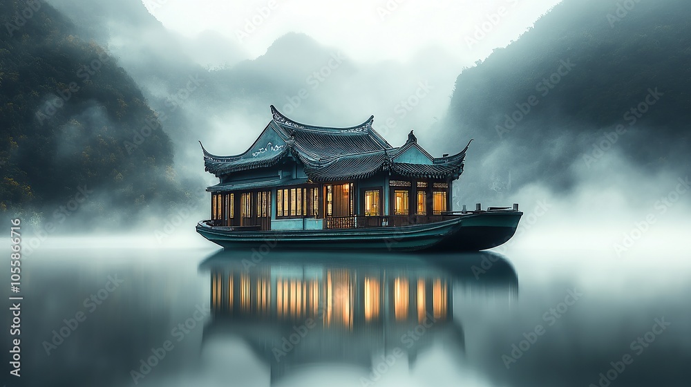 Obraz premium Traditional Floating House Surrounded by Mystical Mist