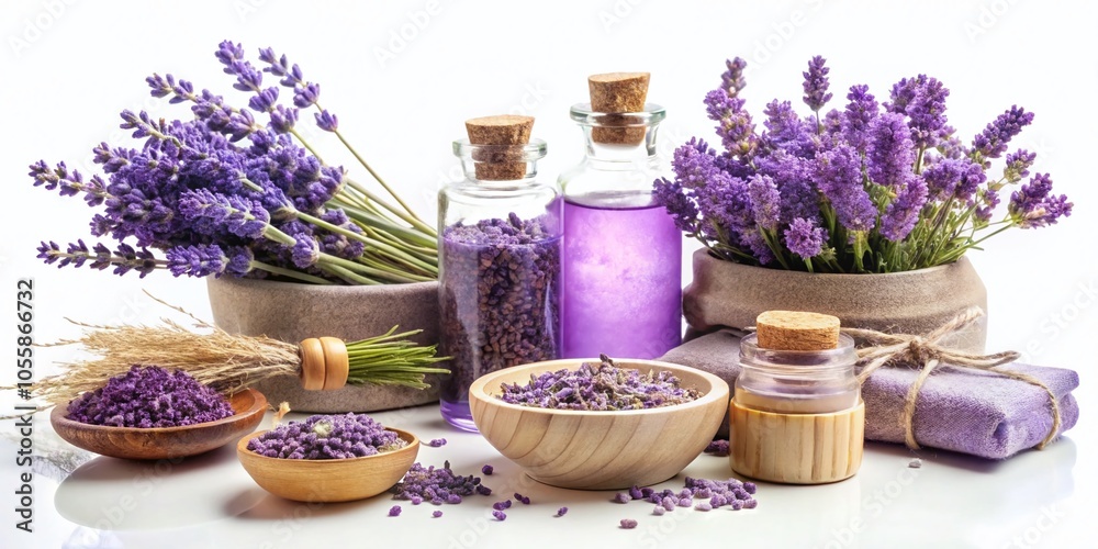 Lavender Elements Set on White Background for Relaxation and Wellness Products Lavender Elements Set on White Background for Relaxation and Wellness Products
