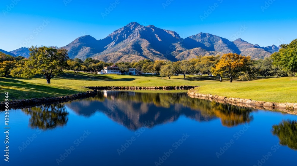 Mountain Lake Golf Course Scenic Landscape with Blue Sky and Reflection