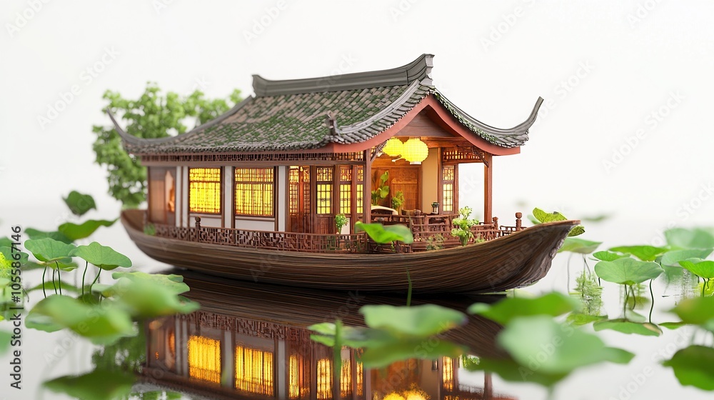 Obraz premium Elegant Mandarin Pavilion Surrounded by Blooming Lotuses on a Peaceful Lake