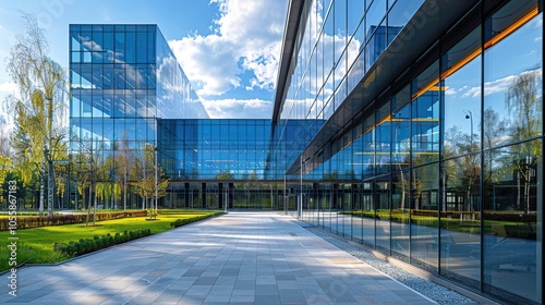 Modern glass office building with green lawn and blue sky.