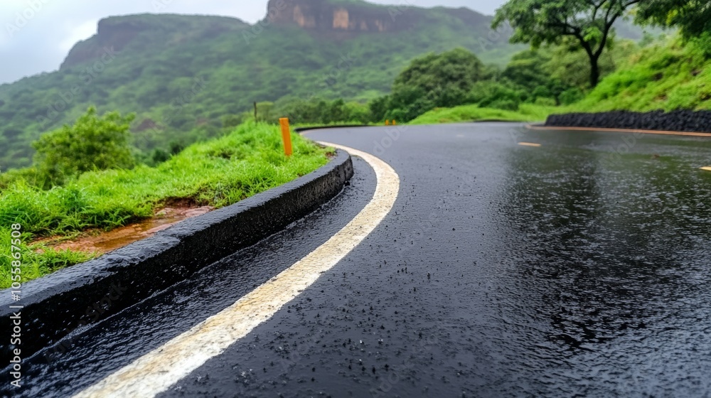 Winding Mountain Road After Rain with White Line and Green Foliage Winding Mountain Road After Rain with White Line and Green Foliage