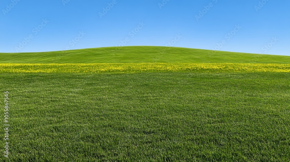 Rolling Green Hills with Yellow Wildflowers and Blue Sky Spring Nature Landscape Rolling Green Hills with Yellow Wildflowers and Blue Sky Spring Nature Landscape
