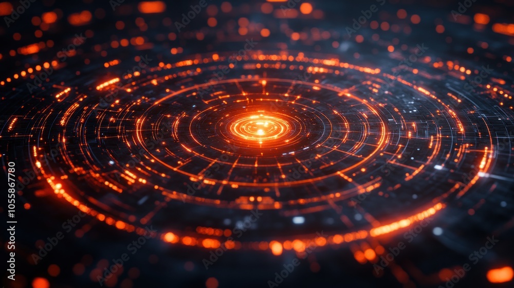 Abstract digital pattern with glowing orange concentric circles. Abstract digital pattern with glowing orange concentric circles.