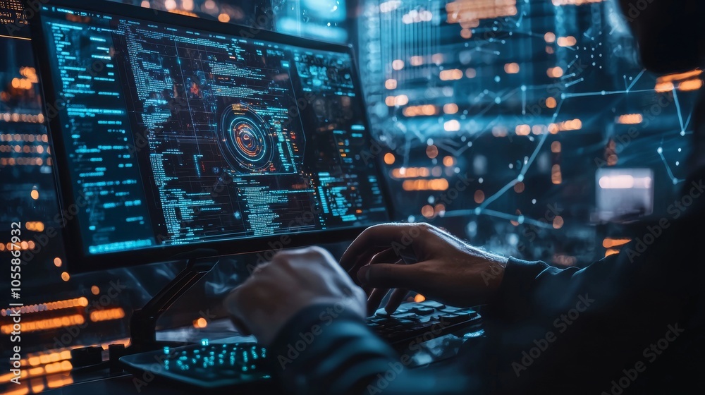 Person typing on a computer with data analytics on screen Person typing on a computer with data analytics on screen