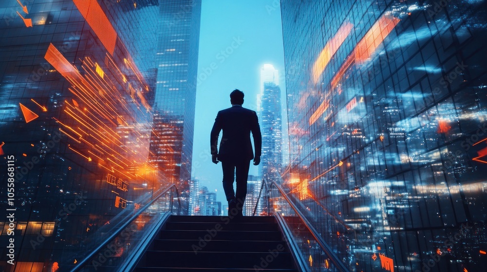 Businessman Walking Towards Success in a Modern City Businessman Walking Towards Success in a Modern City