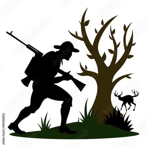 Hunter stalking vector illustration silhouette on white background