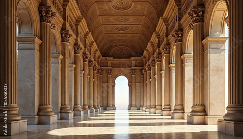 A grand, ornate hallway with rows of arched columns and a high, intricately decorated ceiling. The hallway appears to be made of stone or marble, with a bright light shining through an opening at the 