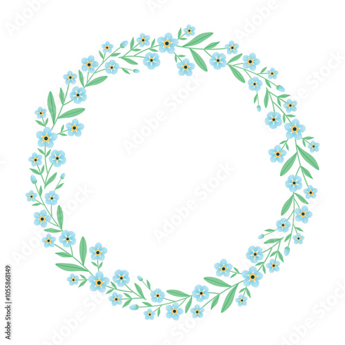 Forget me not flower round frame. round frame with flowers around the perimeter. Delicate blue flowers. Vector illustration.