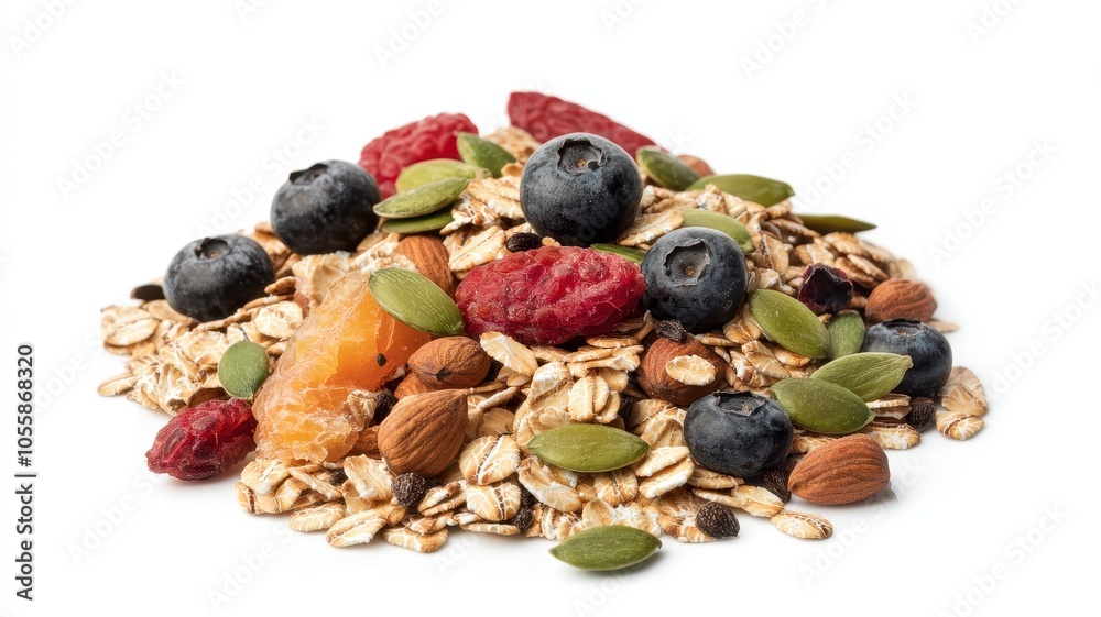 Colorful mixed granola with berries, nuts, and seeds, white isolate background. Flexitarian food concept Colorful mixed granola with berries, nuts, and seeds, white isolate background. Flexitarian food concept