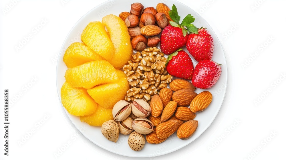 Colorful plate of mixed fruits and nuts, white isolate background. Flexitarian food concept Colorful plate of mixed fruits and nuts, white isolate background. Flexitarian food concept
