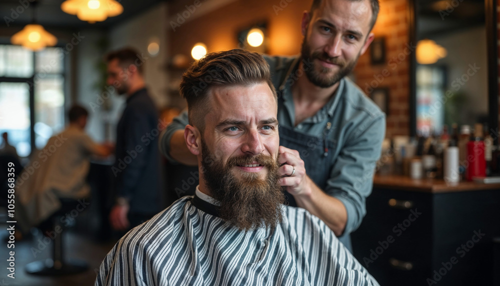 A middle-aged Caucasian man with a full beard and short brown hair getting a haircut from another Caucasian man in a barbershop setting with warm lighting A middle-aged Caucasian man with a full beard and short brown hair getting a haircut from another Caucasian man in a barbershop setting with warm lighting