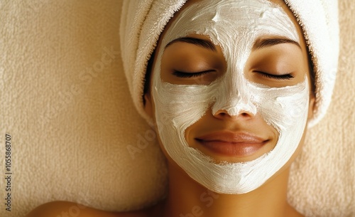 A woman with her eyes closed and a smile on her face, wearing a white facial mask on her skin in a spa salon setting, against a beige background, with a towel wrapped around her head