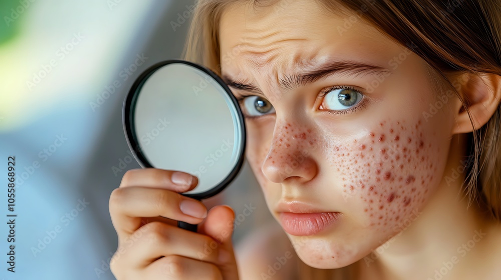 Young girl with visible acne, using a magnifying mirror to examine her skin Young girl with visible acne, using a magnifying mirror to examine her skin