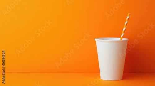 White tumbler with straw set against an orange backdrop Suitable for mock up designs