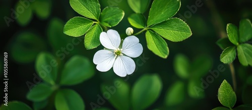 Small White Flower On A Background Of Green Leaves