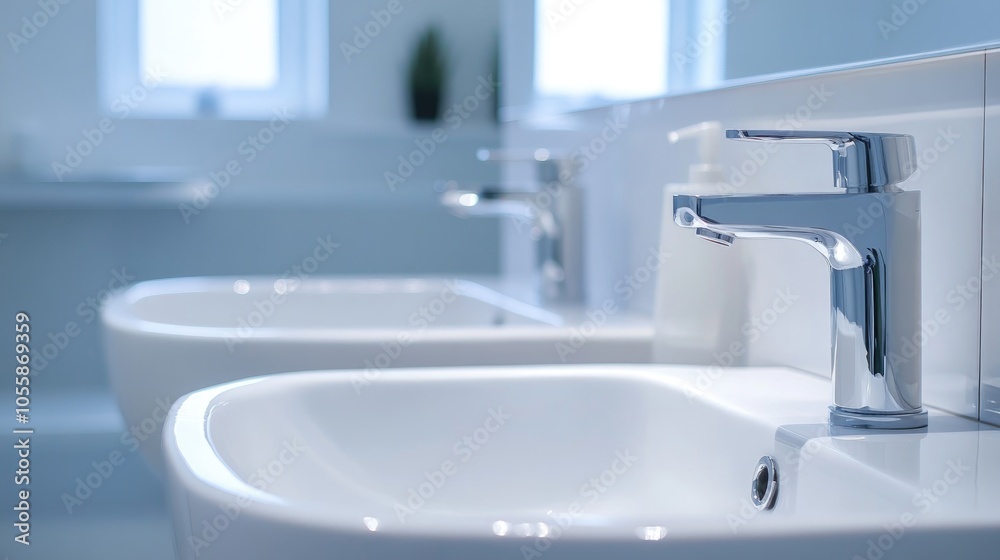 Close up of a double sink in a modern white bathroom setting Close up of a double sink in a modern white bathroom setting