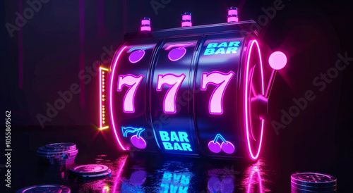 A vibrant neon slot machine that prominently features the number seven displayed on it, creating a visually striking experience