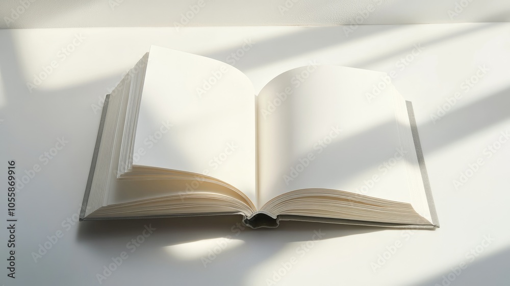 Minimalist Blank White Book Illuminated by Sunlight on a Light Background Minimalist Blank White Book Illuminated by Sunlight on a Light Background