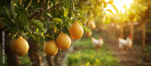 Grapefruit On Tree Inside Garden With Chickens At The Back