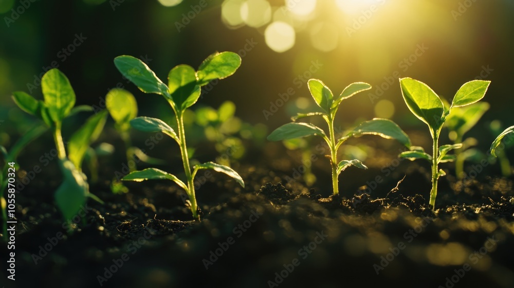 Young plants sprouting in soil with light glowing behind them Young plants sprouting in soil with light glowing behind them
