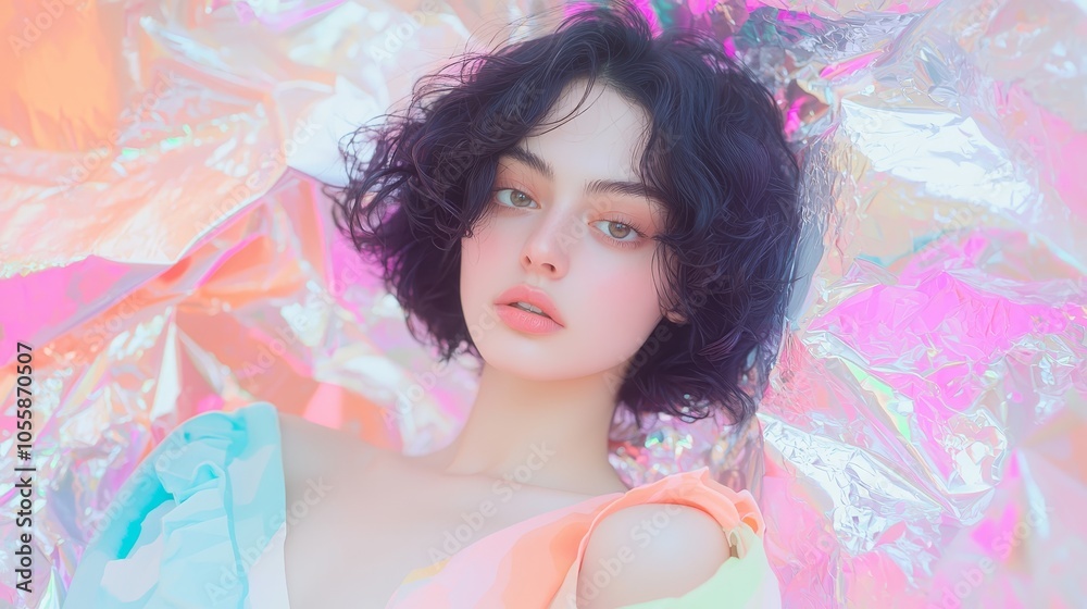 Captivating portrait of a young woman against a colorful shimmering background creating a dreamlike aura of beauty Captivating portrait of a young woman against a colorful shimmering background creating a dreamlike aura of beauty