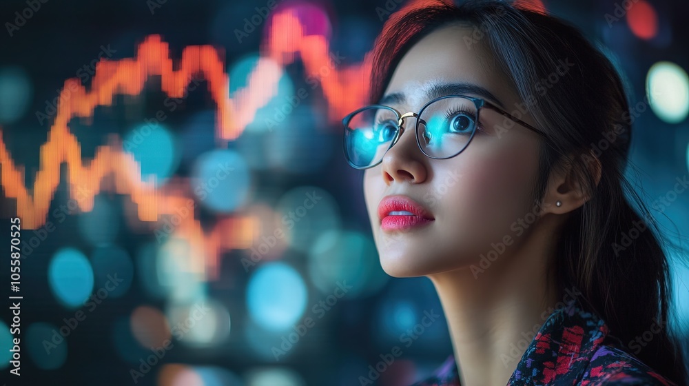 Fototapeta premium Asian Businesswoman Looking Up at Data Chart Visualization