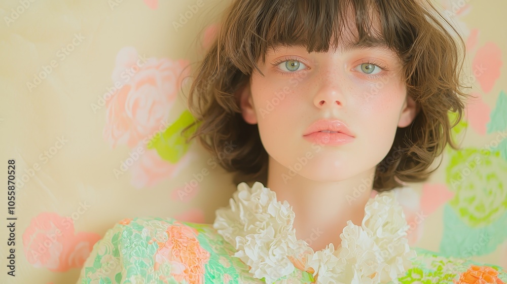 Captivating portrait of a young woman with natural beauty surrounded by floral patterns and soft pastels evoking a sense of serenity and charm