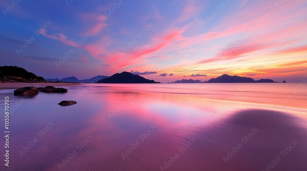 A tranquil beach at sunset with vibrant colors reflecting on the calm water and gentle waves in a serene coastal landscape A tranquil beach at sunset with vibrant colors reflecting on the calm water and gentle waves in a serene coastal landscape