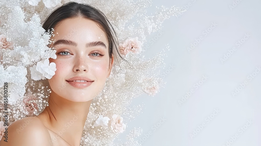 Captivating beauty a serene portrait of a young woman surrounded by delicate flowers and soft textures evoking a sense of calm and elegance Captivating beauty a serene portrait of a young woman surrounded by delicate flowers and soft textures evoking a sense of calm and elegance
