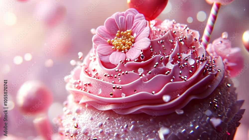 A beautifully decorated pink cupcake topped with a flower and sprinkles, creating a whimsical treat. A beautifully decorated pink cupcake topped with a flower and sprinkles, creating a whimsical treat.