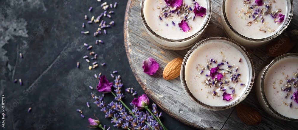 A Set Of Almond Milk Infused With Dry Lavender And Rose Petals Upon The Grey Wooden Board With Kitchen Tiles Background A Set Of Almond Milk Infused With Dry Lavender And Rose Petals Upon The Grey Wooden Board With Kitchen Tiles Background