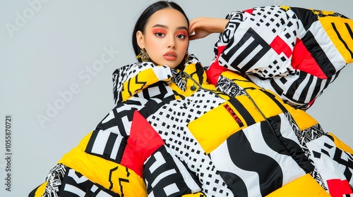 Bold and vibrant fashion statement exploring the intersection of streetwear and modern aesthetics with eye-catching patterns and colors in contemporary style