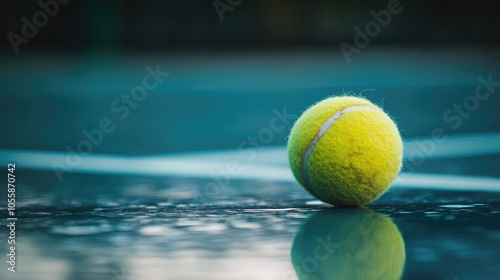 Close up of a tennis ball resting on a court surface