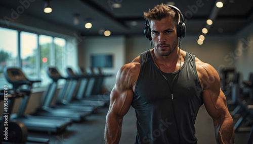 A muscular Caucasian man with short blond hair wearing a black tank top and headphones in a gym