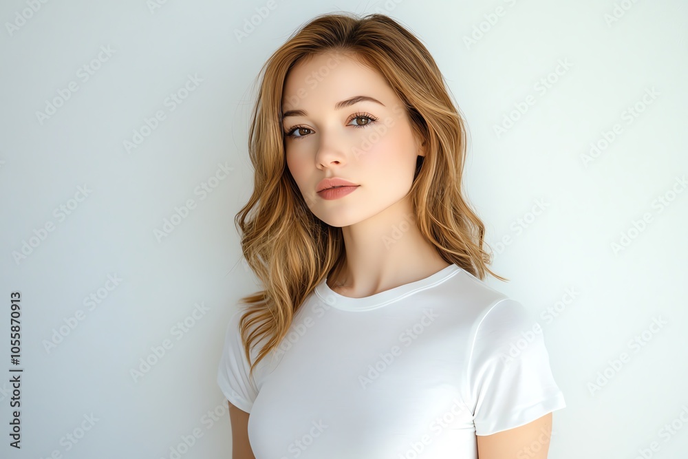 A beautiful woman in a fitted white T-shirt stands confidently under soft studio lighting, with a clean black background. A beautiful woman in a fitted white T-shirt stands confidently under soft studio lighting, with a clean black background.