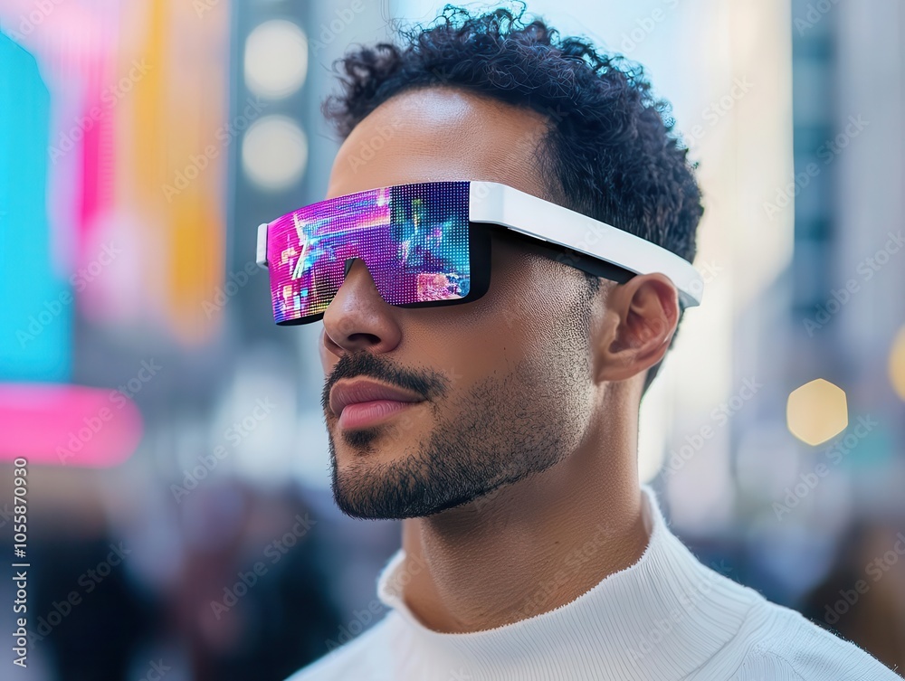 Smart glasses projecting realtime traffic updates, user in busy city, seamless navigation tech Smart glasses projecting realtime traffic updates, user in busy city, seamless navigation tech