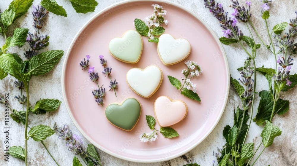 Pastel heart cookies with lavender mint on pink plate Pastel heart cookies with lavender mint on pink plate