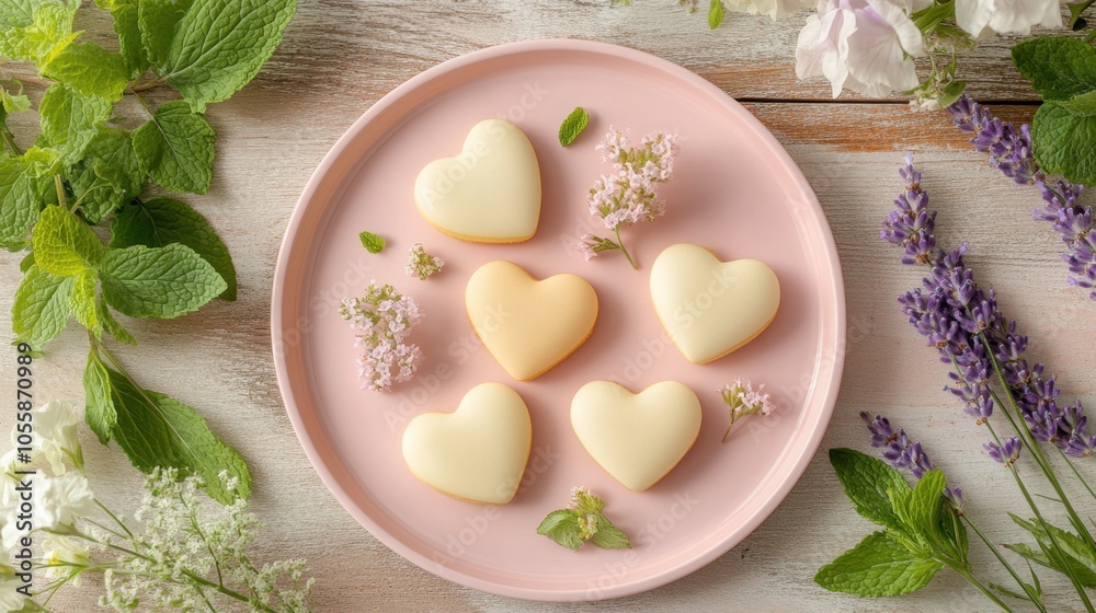 Heart-shaped cookies on pink plate with spring flowers Heart-shaped cookies on pink plate with spring flowers