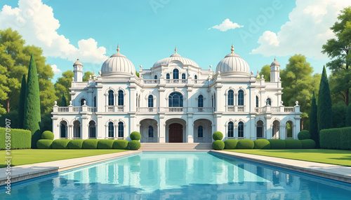 A grand, ornate palace with a central dome and two side domes, surrounded by a reflecting pool in the foreground and lush greenery in the background photo
