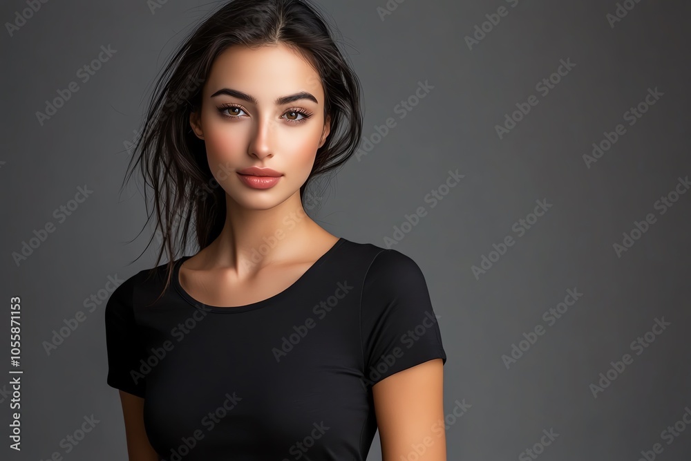 A beautiful woman in a fitted black T-shirt strikes a confident pose under studio lighting, with a plain beige backdrop. A beautiful woman in a fitted black T-shirt strikes a confident pose under studio lighting, with a plain beige backdrop.