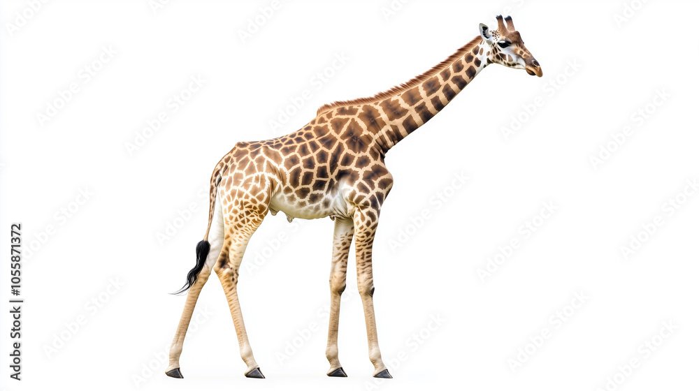 Naklejka premium Giraffe Isolated. Full-Body Portrait of a Giraffe Standing on a White Background, Highlighting Its Unique Coat Pattern and Long Neck, Image Made Using Generative AI