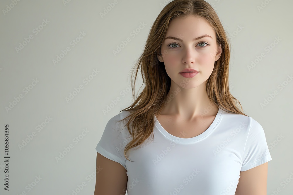 A beautiful woman in a fitted white T-shirt stands confidently under soft studio lighting, with a clean black background.